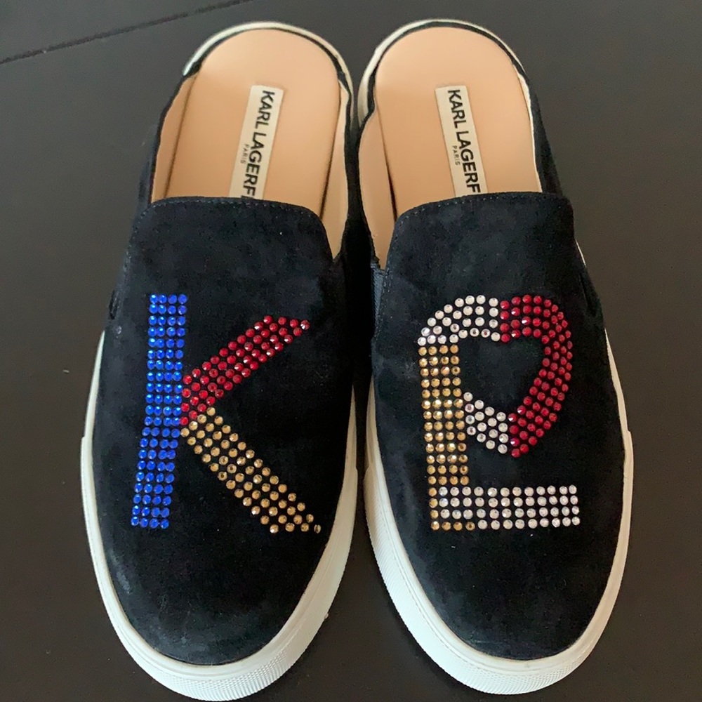 Karl Lagerfeld black suede embellished slip ons
